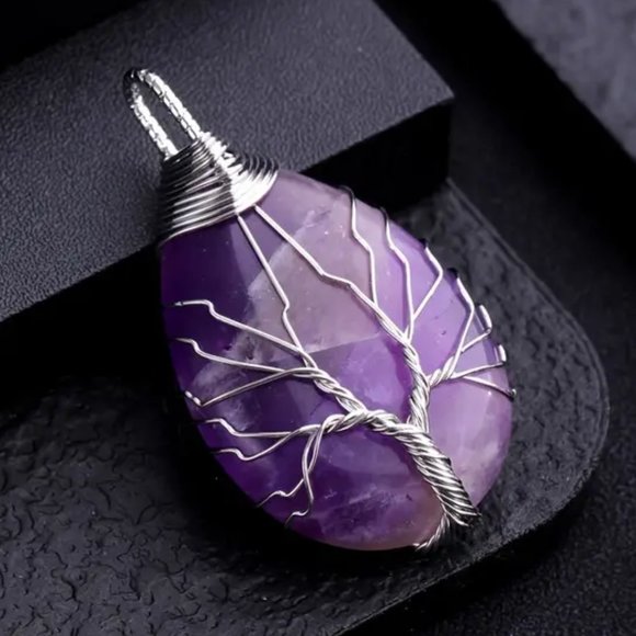Amethyst Natural Gemstone Tree Of Life Wire Wrap Pendant Necklace - Picture 2 of 2